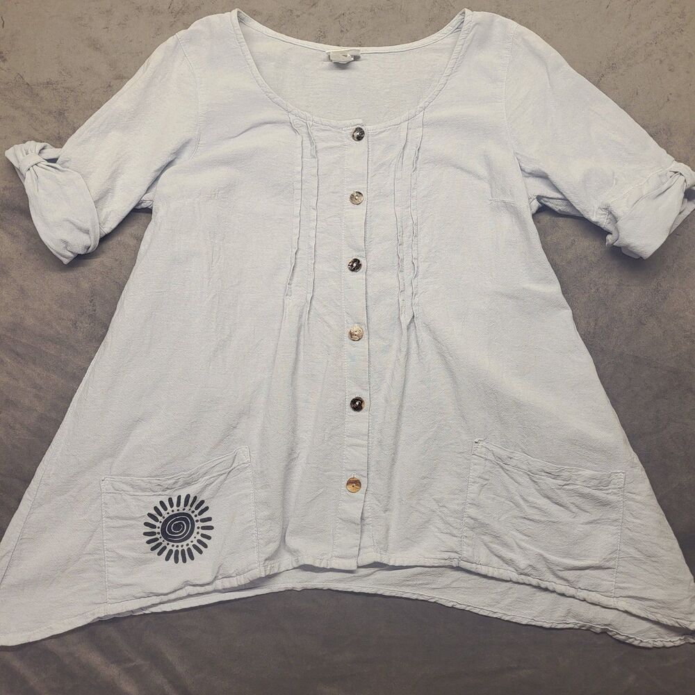 Womens Indigo Art Wear Swing Blouse 100% Cotton Med Made in USA